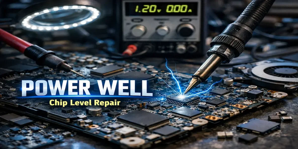 Professional laptop power wells chip-level repair workstation with motherboard and diagnostic tools